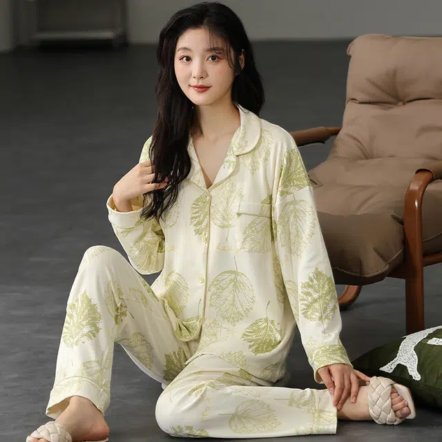 帕兰朵 翻领开衫长袖甜美大码长裤睡衣套装 女款