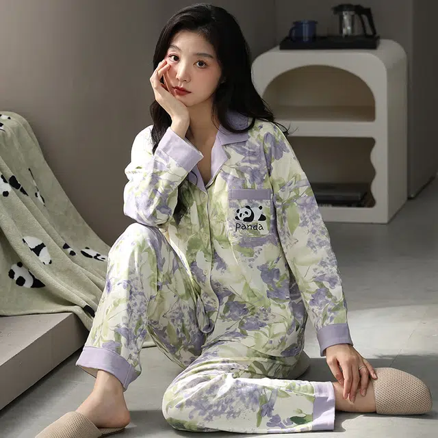 帕兰朵 翻领开衫长袖甜美大码长裤睡衣套装 女款