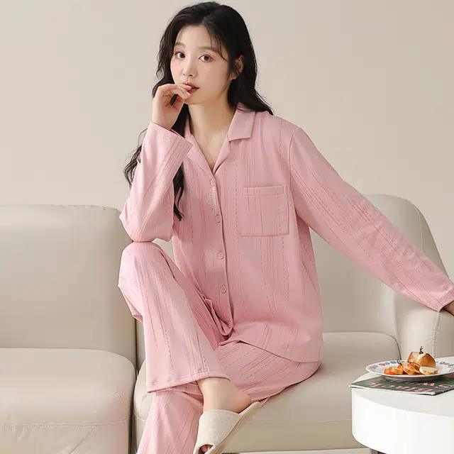 帕兰朵 简约翻领开衫长袖长裤可外穿睡衣套装 女款