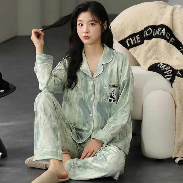 帕兰朵 翻领开衫长袖甜美大码长裤睡衣套装 女款