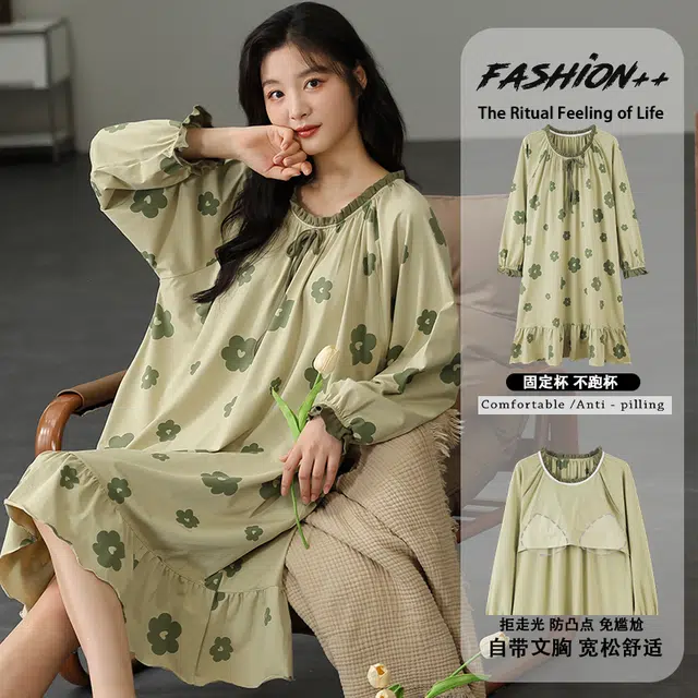 帕兰朵 圆领简约舒适植物花卉长袖睡裙 女款