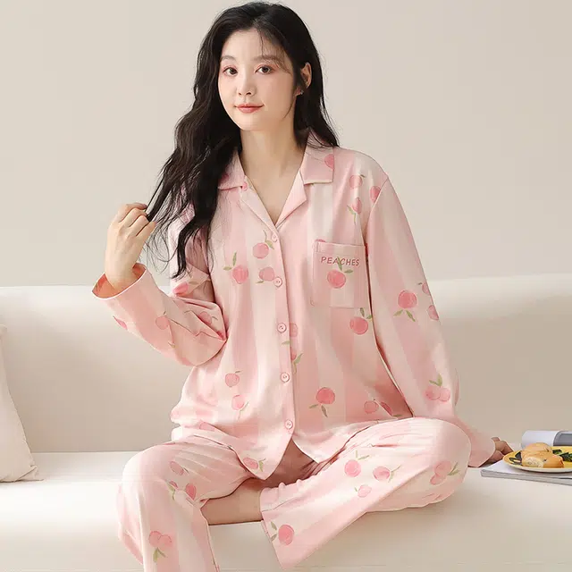 帕兰朵 简约翻领开衫长袖长裤可外穿睡衣套装 女款