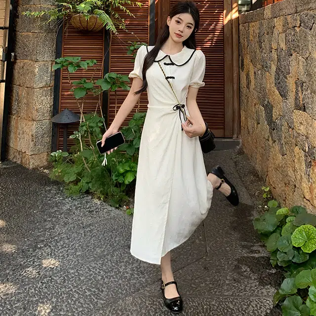 困住大象 娃娃领新中式高腰短袖连衣裙 女款 白色