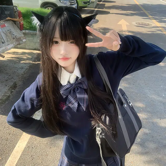 兔半眠 原创校供感立领上衣格纹学院风半裙制服 女款 绀色