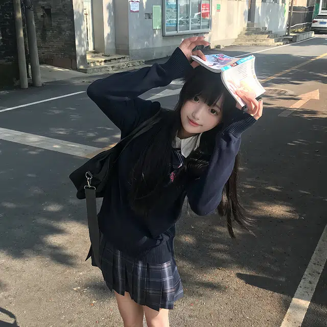 兔半眠 原创校供感立领上衣格纹学院风半裙制服 女款 绀色
