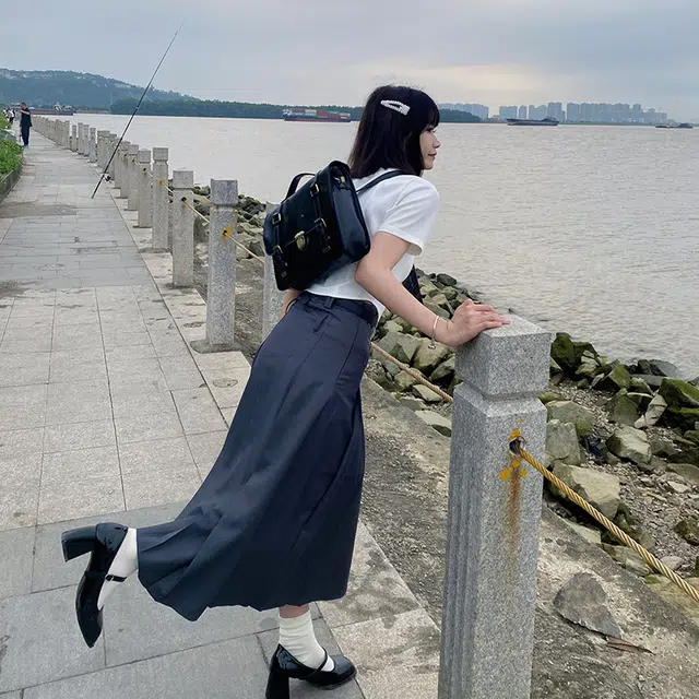兔半眠 学院风纯色短袖衬衫半身裙制服套装 女款