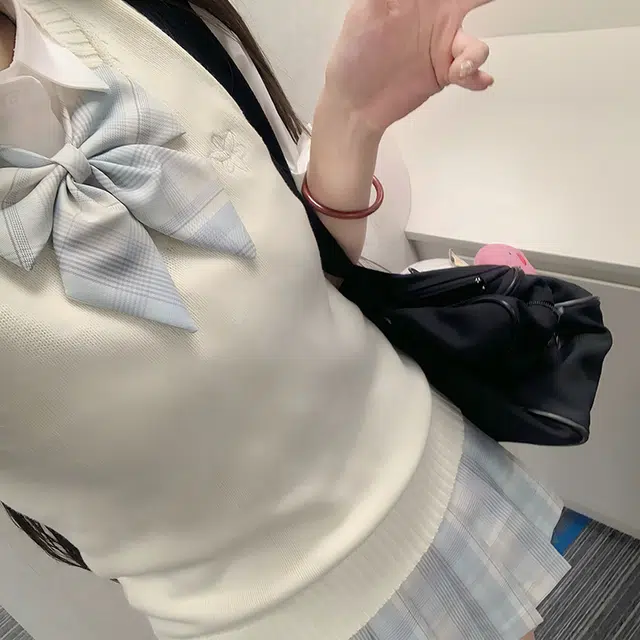 兔半眠 学院风甜妹马甲翻领衬衫短袖浅格裙制服 女款 套装（奶杏马甲+短袖修身衬衫+月见裙子）
