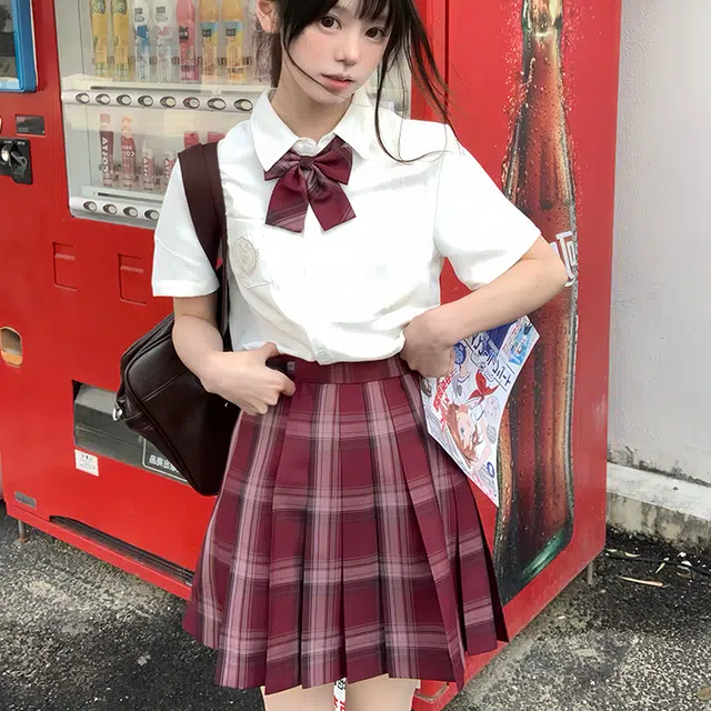 兔半眠 学院风短袖衬衫格裙短裙制服 女款 套装（短袖绣花衬衫+小喜格裙）