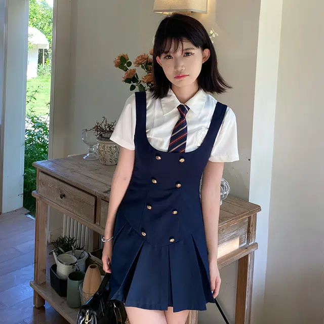 兔半眠 学院风纯色高腰百褶裙连衣裙制服套装 女款