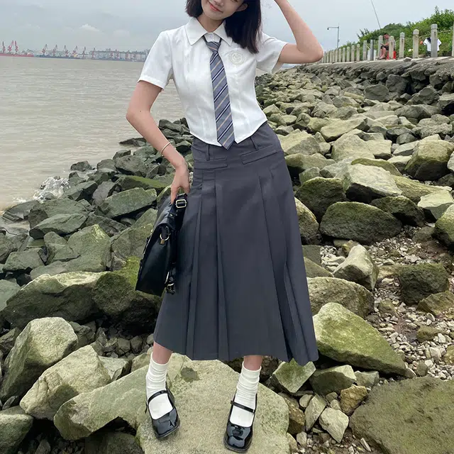 兔半眠 学院风纯色短袖衬衫半身裙制服套装 女款