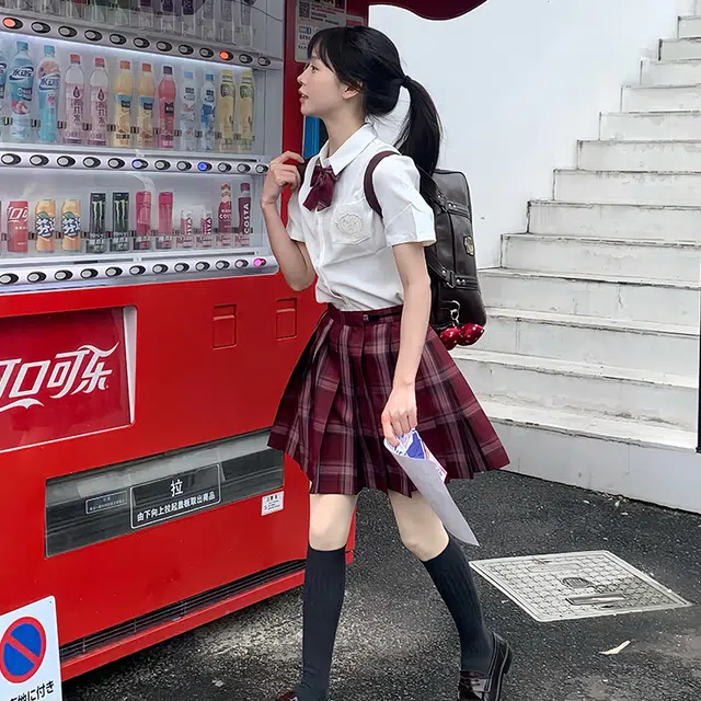 兔半眠 学院风短袖衬衫格裙短裙制服 女款 套装（短袖绣花衬衫+小喜格裙）