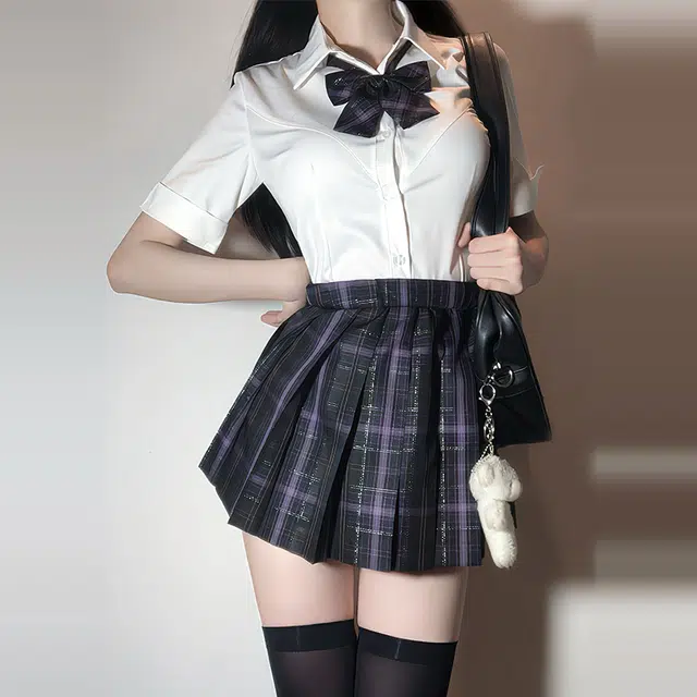 兔半眠 纯色尖领短袖衬衫配领结格子半身短裙制服 女款