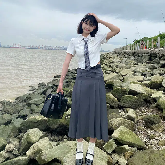 兔半眠 学院风纯色短袖衬衫半身裙制服套装 女款