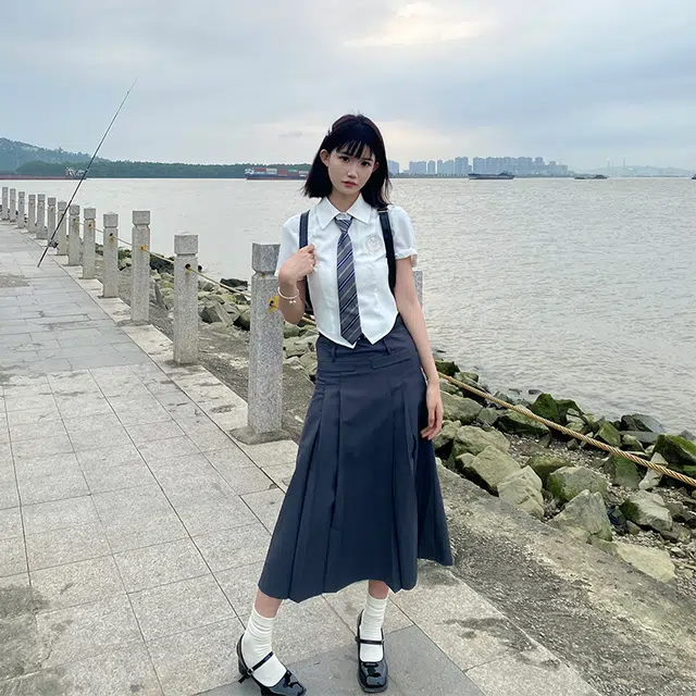 兔半眠 学院风纯色短袖衬衫半身裙制服套装 女款