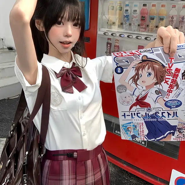 兔半眠 学院风短袖衬衫格裙短裙制服 女款 套装（短袖绣花衬衫+小喜格裙）