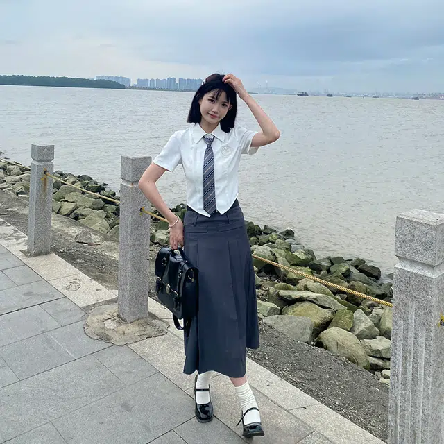 兔半眠 学院风纯色短袖衬衫半身裙制服套装 女款