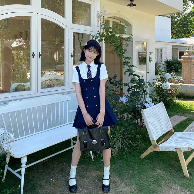 兔半眠 学院风纯色高腰百褶裙连衣裙制服套装 女款