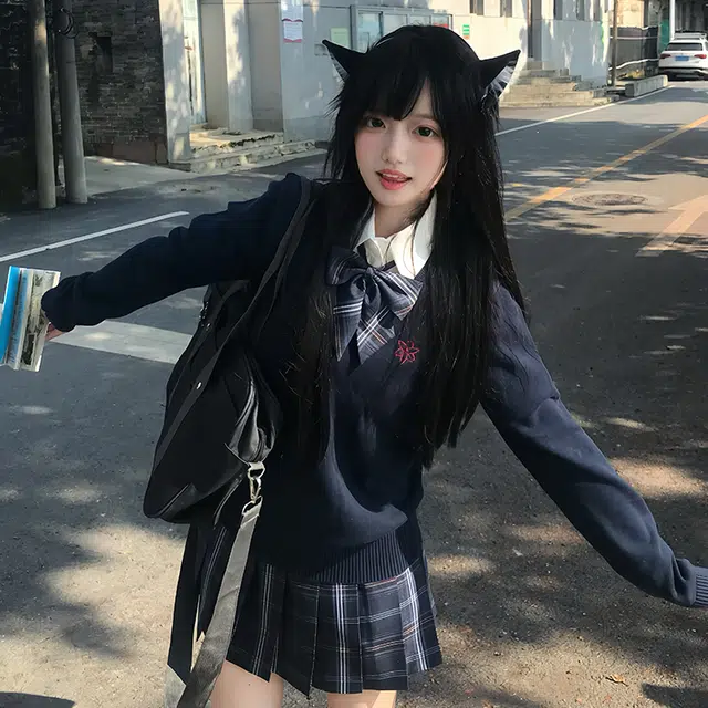 兔半眠 原创校供感立领上衣格纹学院风半裙制服 女款 绀色