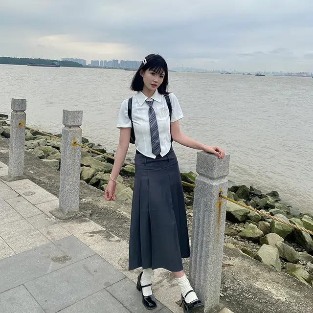 兔半眠 学院风纯色短袖衬衫半身裙制服套装 女款