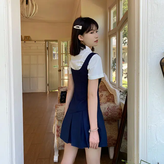 兔半眠 学院风纯色高腰百褶裙连衣裙制服套装 女款