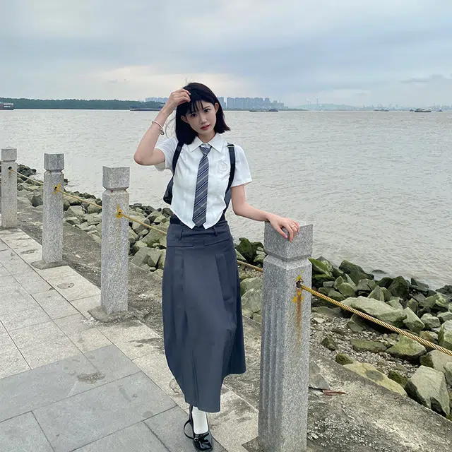 兔半眠 学院风纯色短袖衬衫半身裙制服套装 女款