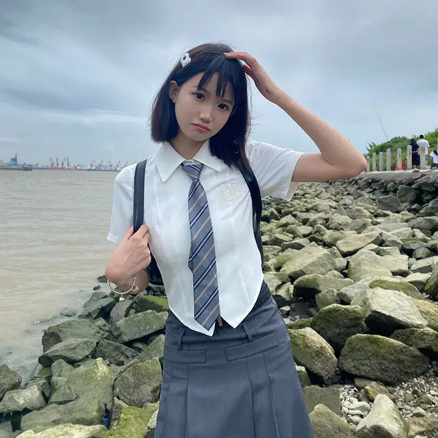 兔半眠 学院风纯色短袖衬衫半身裙制服套装 女款
