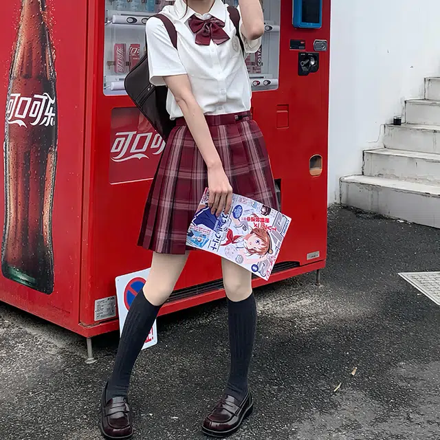 兔半眠 学院风短袖衬衫格裙短裙制服 女款 套装（短袖绣花衬衫+小喜格裙）