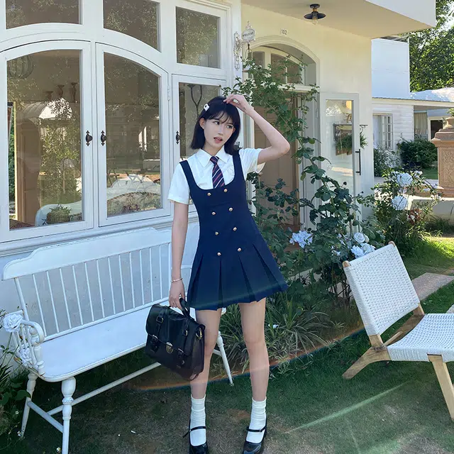兔半眠 学院风纯色高腰百褶裙连衣裙制服套装 女款