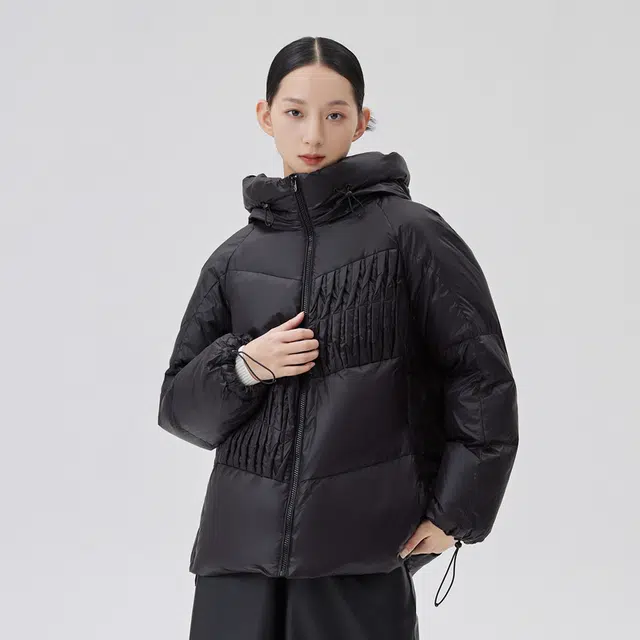 艾莱依 加厚款风琴褶纯色羽绒服 女款 炭黑