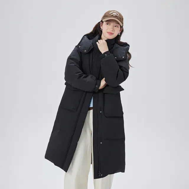 艾莱依 简约休闲纯色连帽拉链长款羽绒服 女款