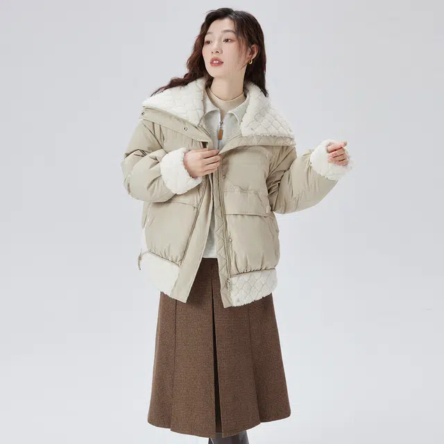 艾莱依 大翻领设计感拼接都市短款羽绒服 女款