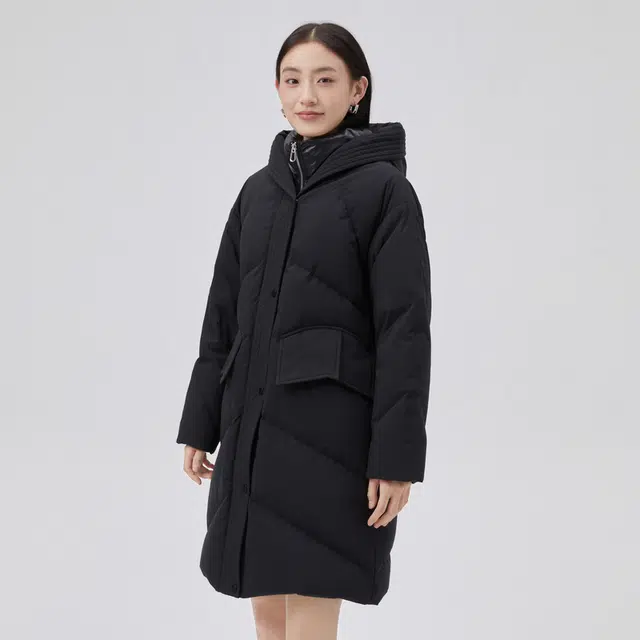 艾莱依 连帽纯色双门襟中长款长袖羽绒服 女款