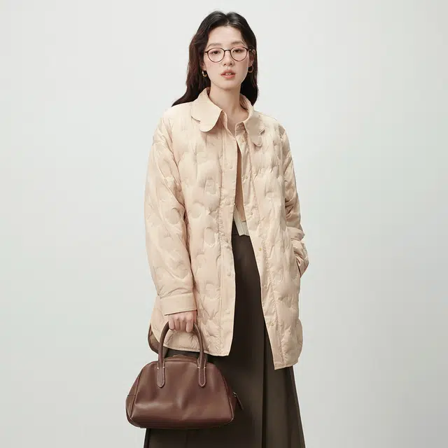 艾莱依 纯色翻领单排扣宽松长袖羽绒服 女款