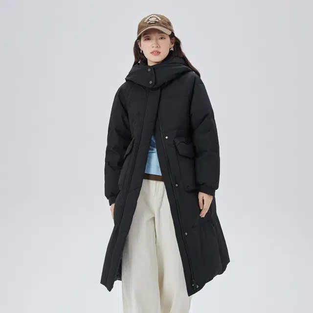 艾莱依 简约休闲纯色连帽拉链长款羽绒服 女款