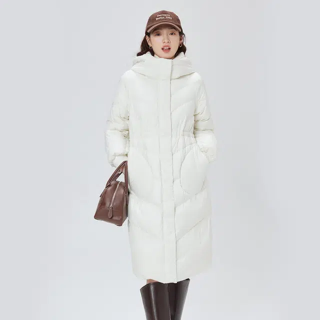 艾莱依 长款设计感绒线连帽收腰鸭绒纯色拉链羽绒服 女款