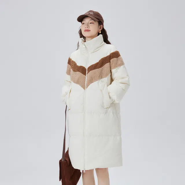 艾莱依 仿羊羔毛拼接中长款宽松休闲羽绒服 女款