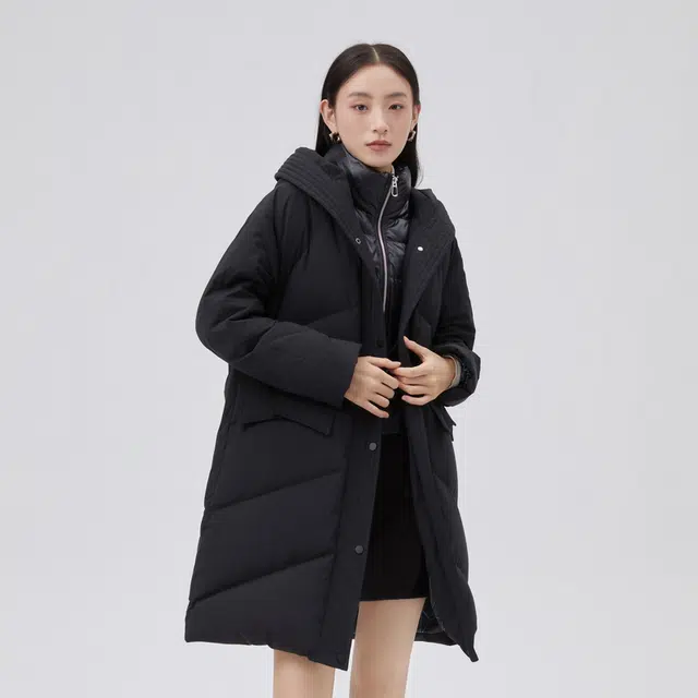 艾莱依 连帽纯色双门襟中长款长袖羽绒服 女款