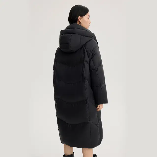 艾莱依 长款休闲设计感拉链连帽保暖纯色百搭长袖羽绒服 女款