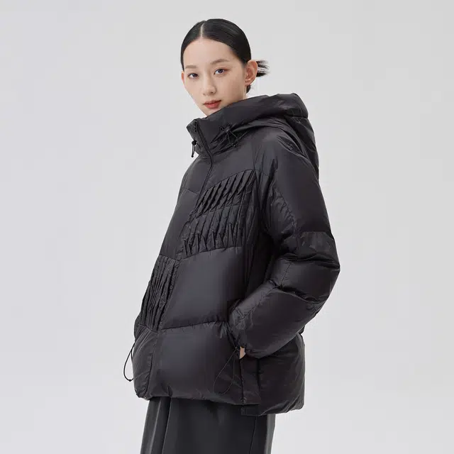 艾莱依 加厚款风琴褶纯色羽绒服 女款 炭黑