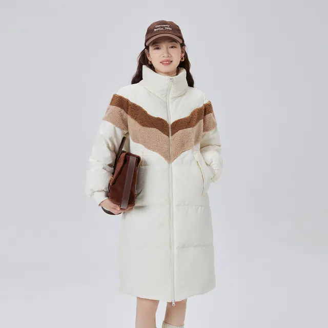 艾莱依 仿羊羔毛拼接中长款宽松休闲羽绒服 女款