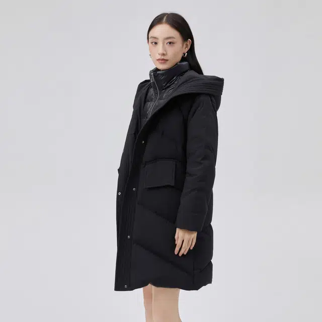 艾莱依 连帽纯色双门襟中长款长袖羽绒服 女款