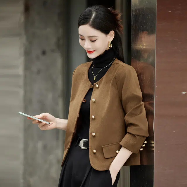 杭依阁 时尚复古美拉德圆领百搭短款夹克外套 女款 棕色