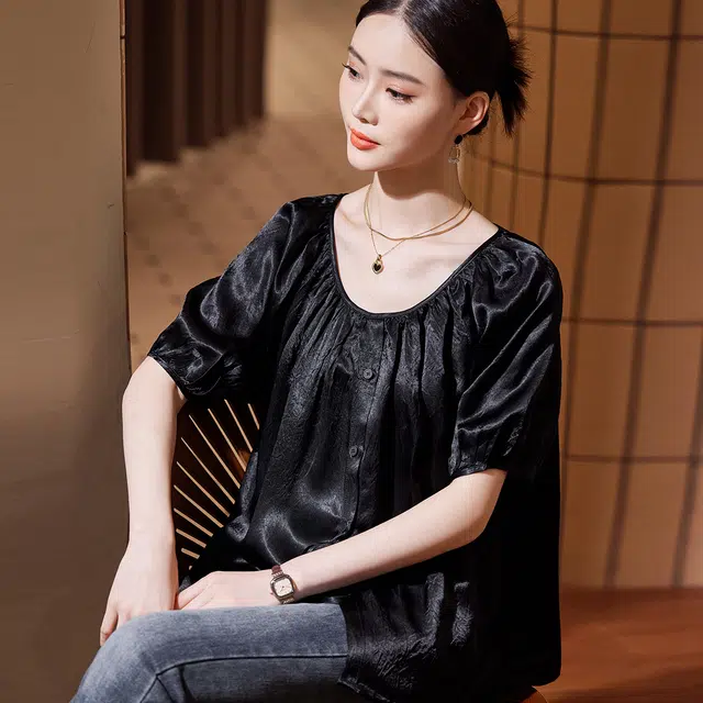 杭依阁 泡泡袖圆领宽松短袖衬衫 女款