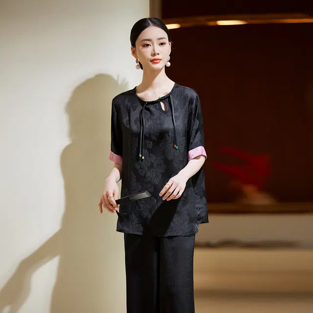 杭依阁 宽松提花拼接短袖衬衫 女款 黑色