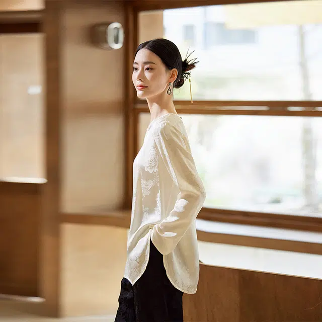 杭依阁 新中式圆领宽松纯色长袖衬衫 女款 白色