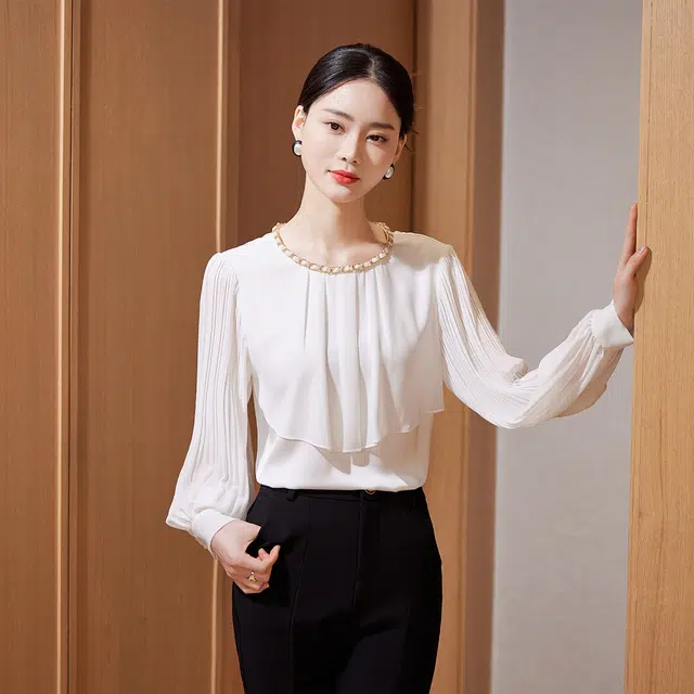 杭依阁 纯色圆领休闲长袖衬衫 女款