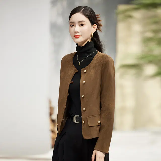 杭依阁 时尚复古美拉德圆领百搭短款夹克外套 女款 棕色