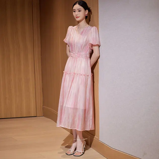 杭依阁 法式褶皱网纱时尚短袖连衣裙 女款 粉色