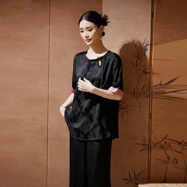 杭依阁 宽松提花拼接短袖衬衫 女款 黑色