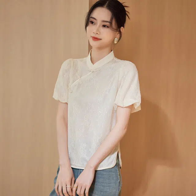 杭依阁 复古灯笼袖新中式盘扣设计泡泡袖立领短袖衬衫 女款 米色